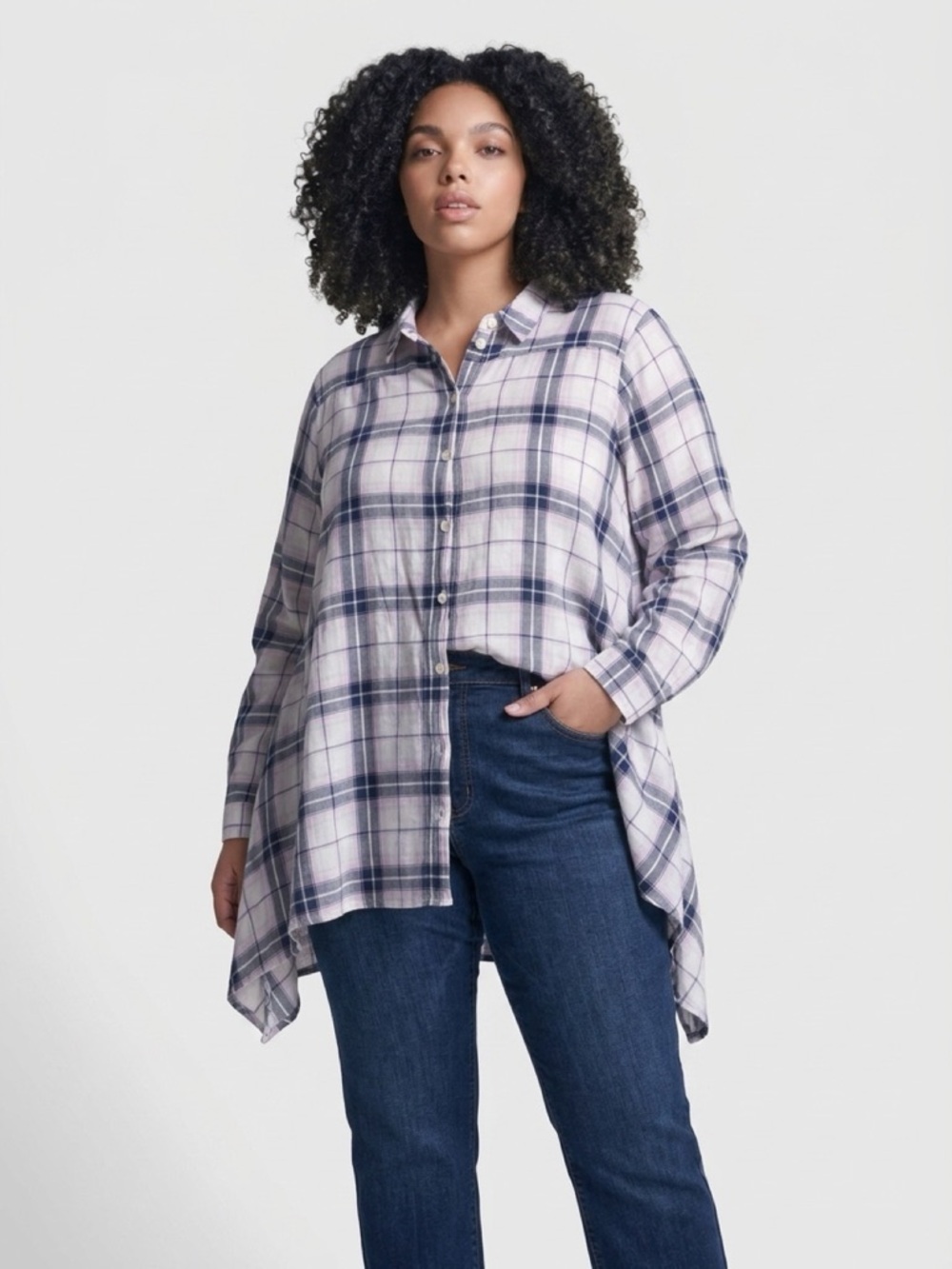 Tulip Plaid Button-Front Tunic in Lavender, Navy & Pink